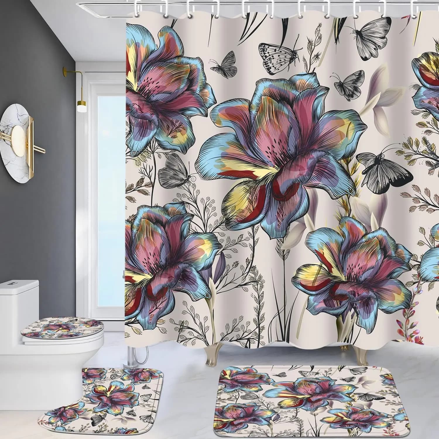 Tenda da doccia floreale da 4 pezzi con tappeto con tappeto antiscivolo, coperchio per WC e tappetino da bagno, tenda da doccia vintage con 12 ganci