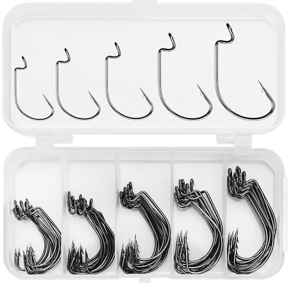51Pcs/Box Fishing Hooks Set Jig Crank Barbed Hook High Carbon Steel Wide Gap Offset Fishhook Soft Worm Sea Hook Tackle