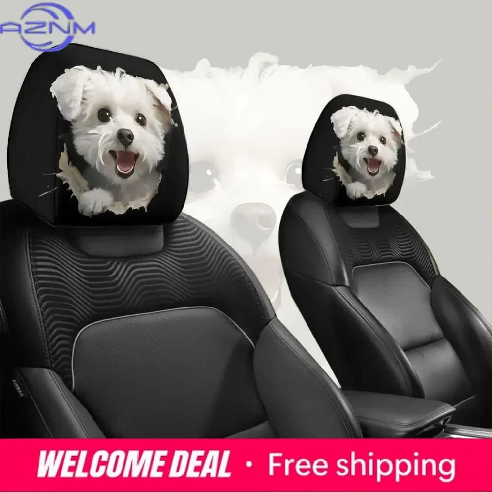 Set di due copri poggiatesta per auto a forma di cucciolo bianco e simpatico con la lingua fuori - morbidi e lavabili, adatti per tutti i veicoli