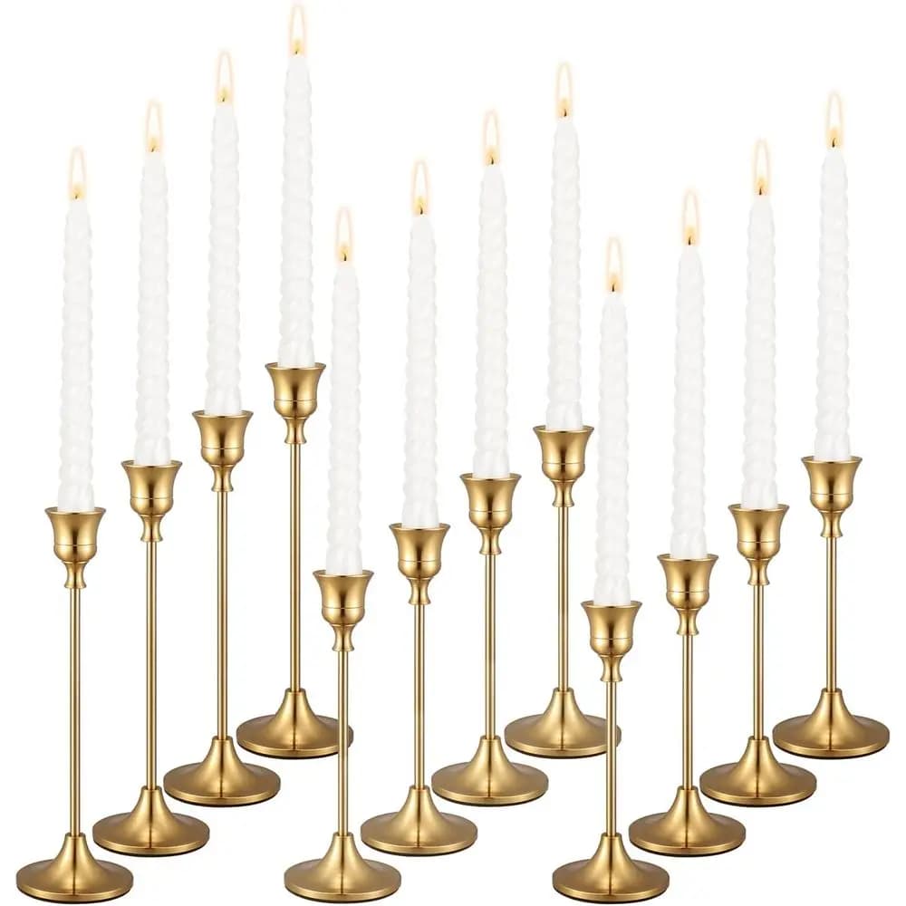 Set di 12 Portacandele in Ottone Dorato, Eleganti Candelabri in Metallo per Centrotavola Matrimoniali, Cene a Lume di Candela e H