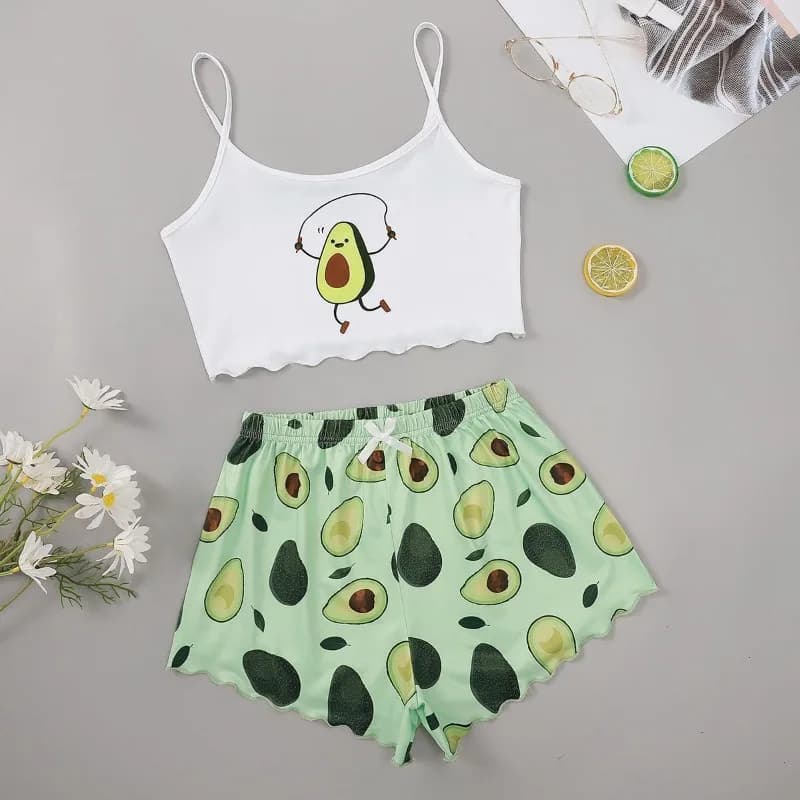 Sexy Women Sleepwear Summer Suspender Top Shorts Two-Piece Set of Avocado Print Student Loungewear Large Size Sleeveless Pajamas
