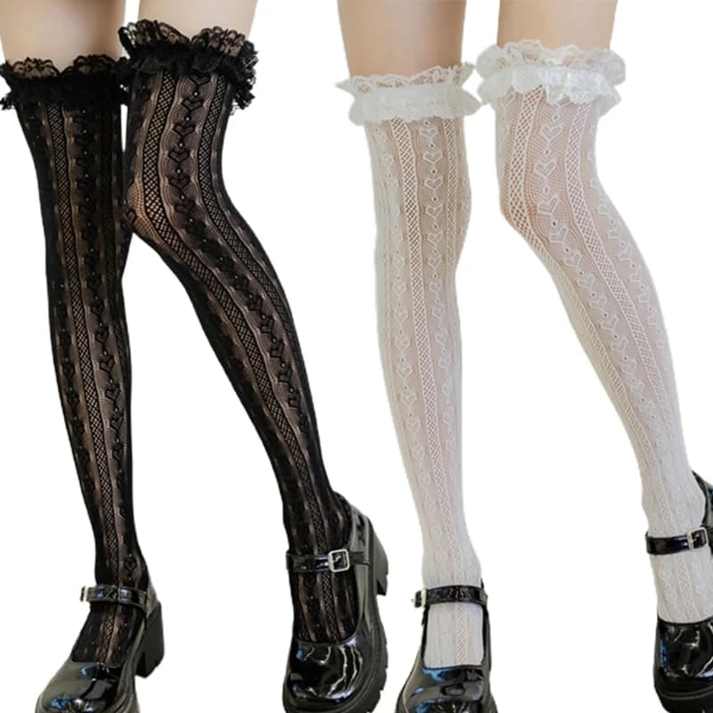 Calze da donna a rete alte alla coscia stile giapponese cuore a righe in pizzo fantasia sopra ginocchio calze lunghe