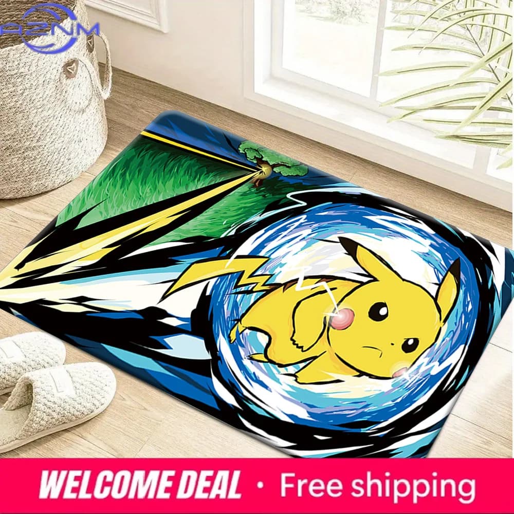 Tappetino antiscivolo con stampa Pokemon Pikachu con fulmini e vortici d'acqua, tappeto morbido e assorbente per la decorazione della casa