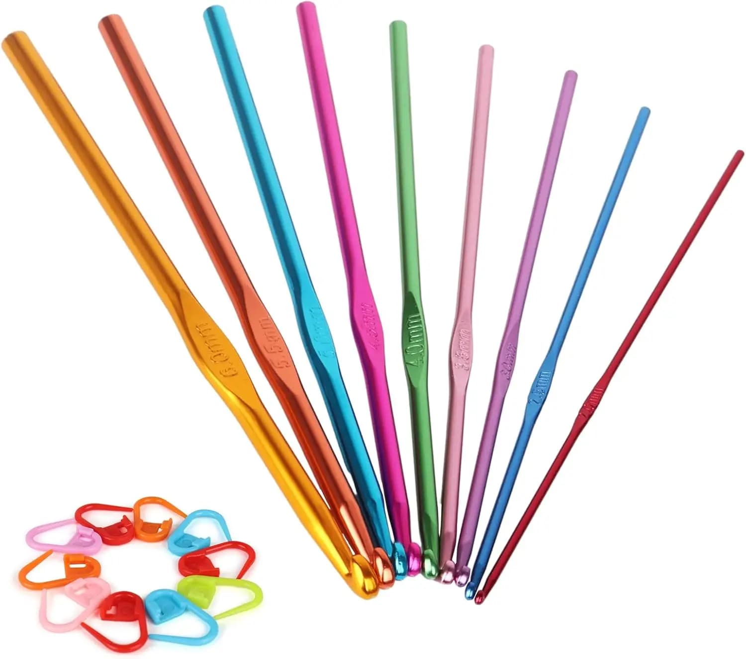 Set di 19 uncinetti in alluminio multicolore con segnapunti, punte lisce per principianti e mani artritiche, 2.0mm-6.0mm
