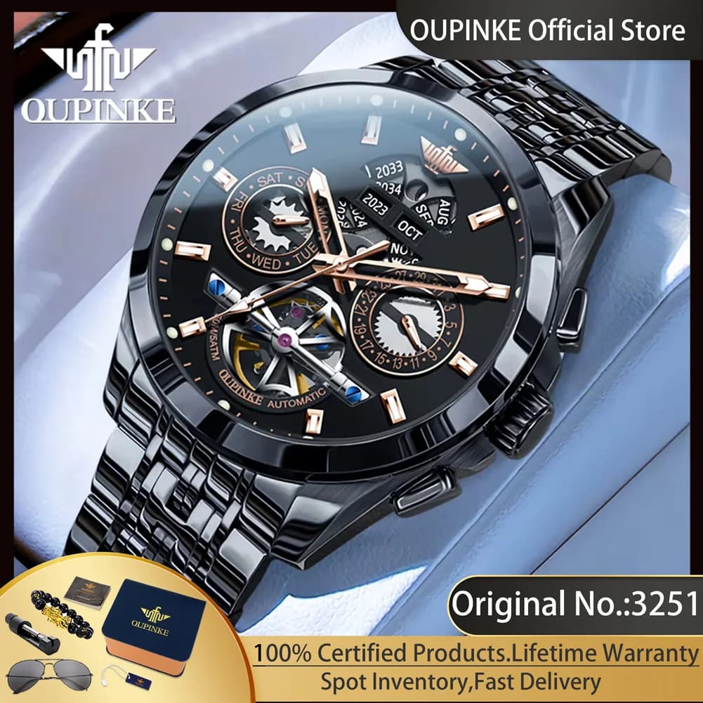 OUPINKE 3251 Orologio meccanico con data automatica per uomo Orologio automatico di lusso con scheletro scavato Orologio da uomo impermeabile di marca superiore Caldo