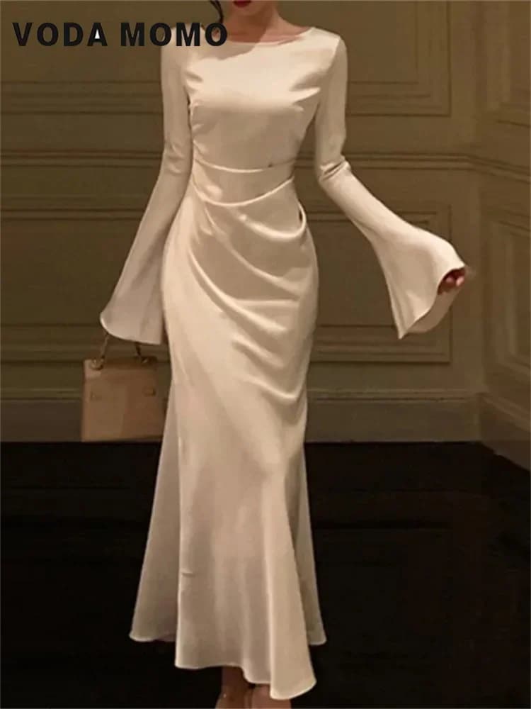 Slim Mermaid New French Vintage Wedding Party Vestidos Robe Gentle Spring Summer Elegant Solid Midi Dress Women Flare Sleeve