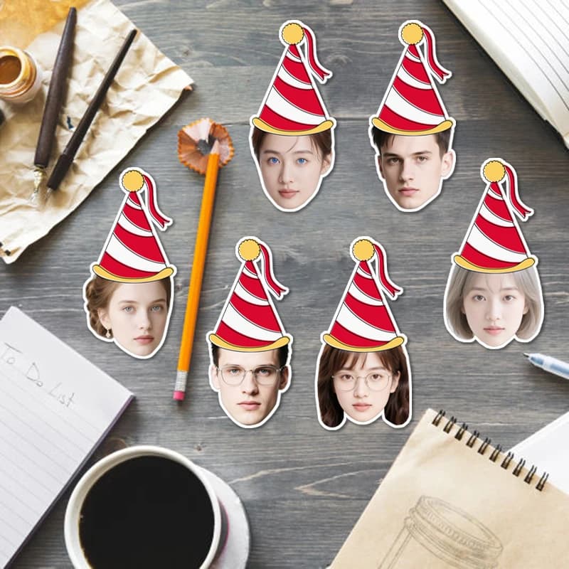 25/50pcs Custom Portrait Face Red Striped Birthday Hat Style Sticker Festival Celebration Birthday Fun Self-adhesive Ornaments