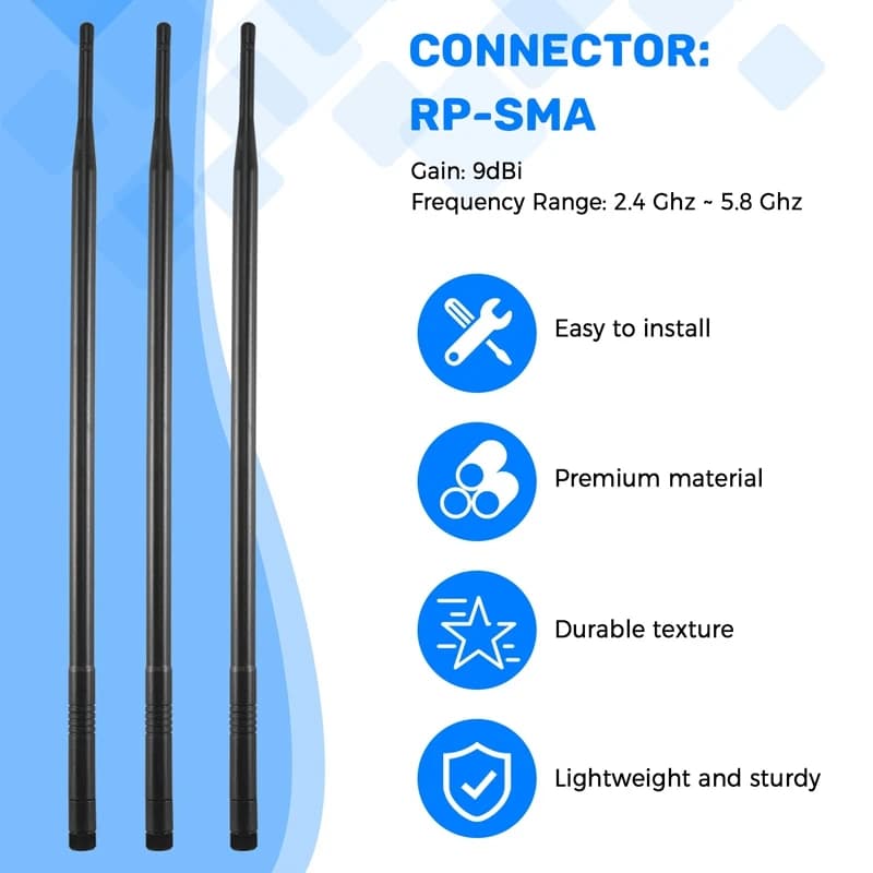 Antenna Wireless Inclinabile A75Q-3PCS 9Dbi RP-SMA Dual Band 2.4Ghz 5Ghz ad Alto Guadagno per Router Wifi
