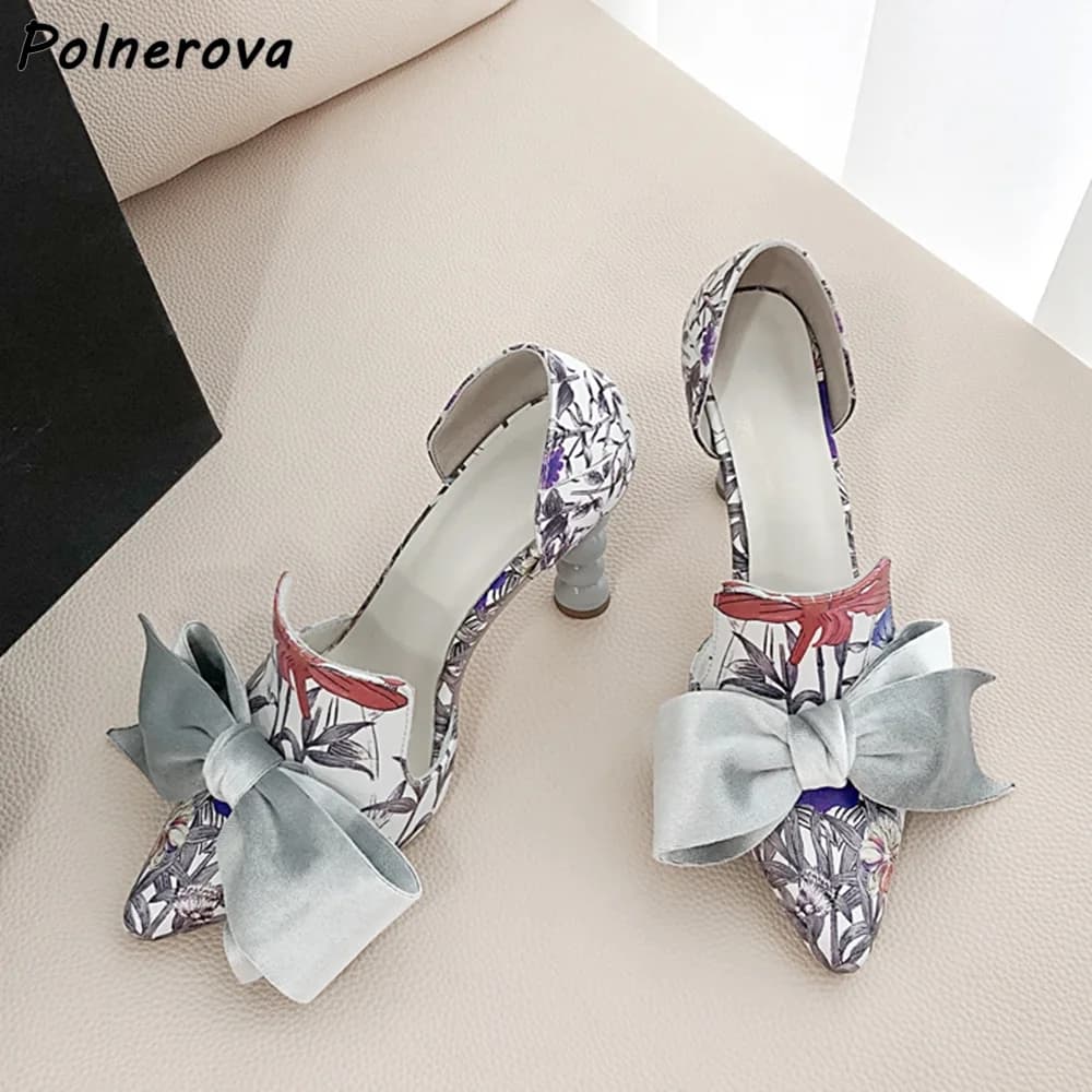 Women's Beads Heels Sandals with Print Bows Pointy Toe Strange Style Slip-On Butterfly Knot Summer Sexy Shoes