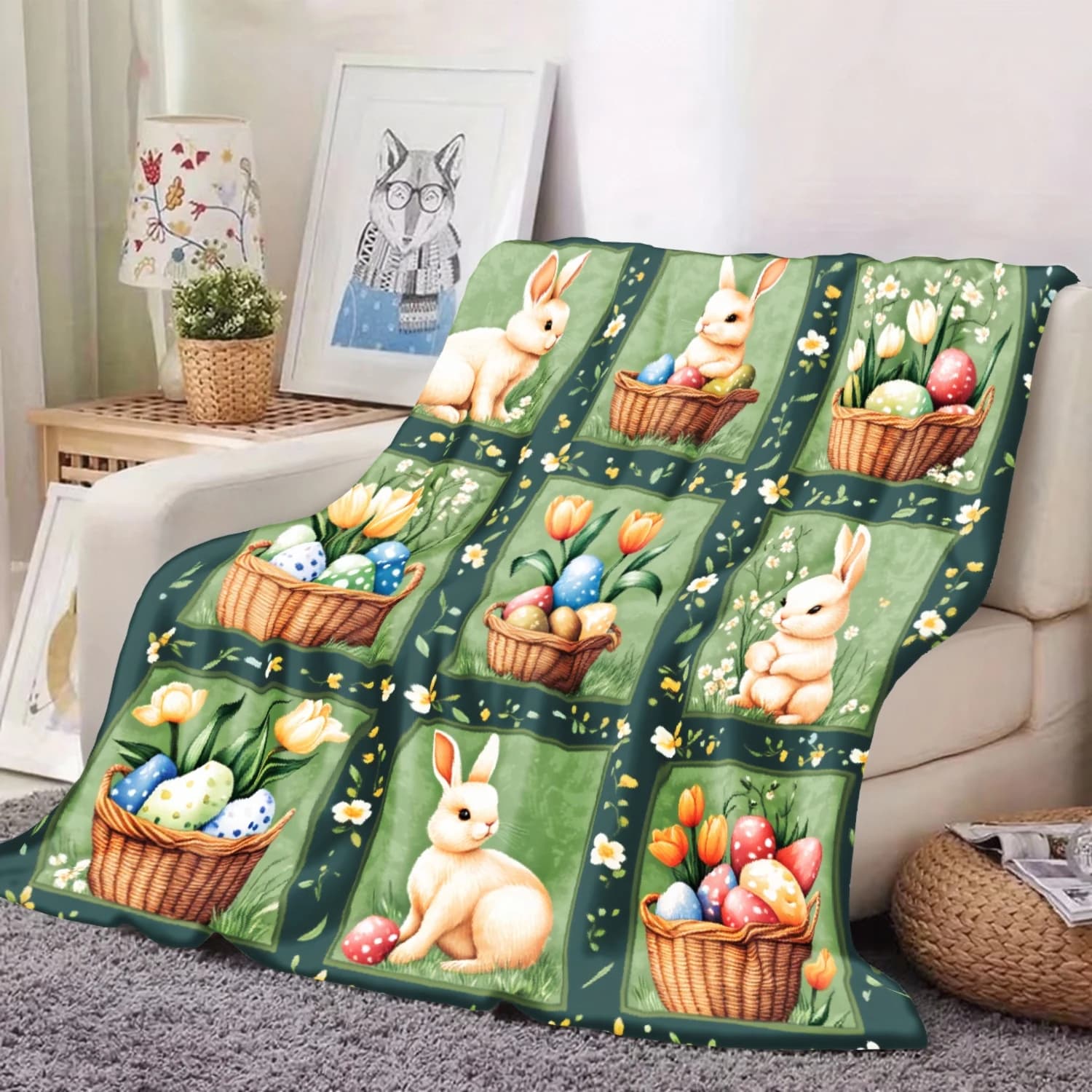 Coperta Trapuntata con Coniglietto Pasquale e Fiori di Tulipano - Morbido Flanella per Divano, Letto, Auto, Ufficio, Campeggio, Viaggi, Regalo per Tutte le Stagioni