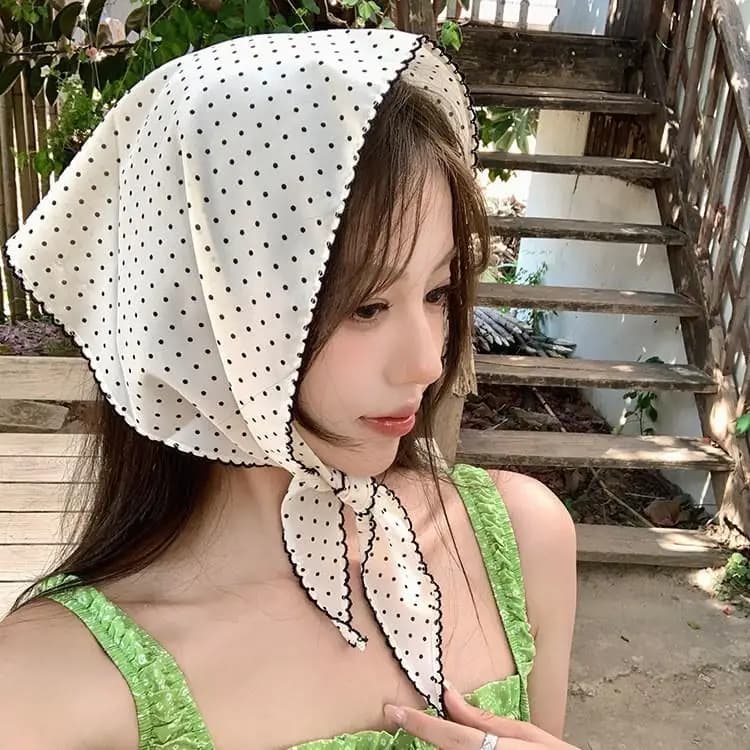 Women's Soft Triangle Scarf Striped Lace Neck Scarf Korean pastoral hair scarf with summer sun protection