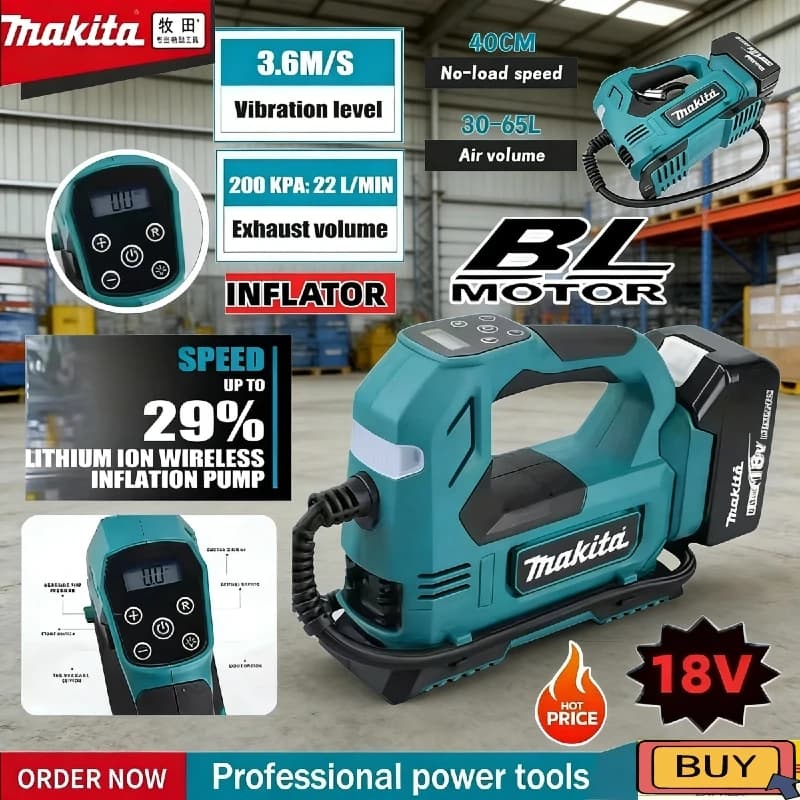 Pompa per Pneumatici Makita con Display Digitale del Compressore d'Aria, Utensile Elettrico, Pompa d'Aria Senza Fili Portatile 18V