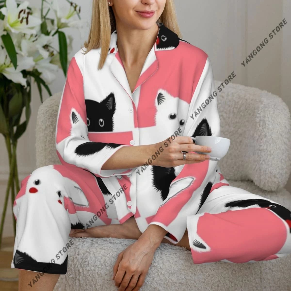 Pigiama da donna conigli degli scacchi Pigiama da notte in due pezzi Pigiama lungo abbottonato a maniche lunghe