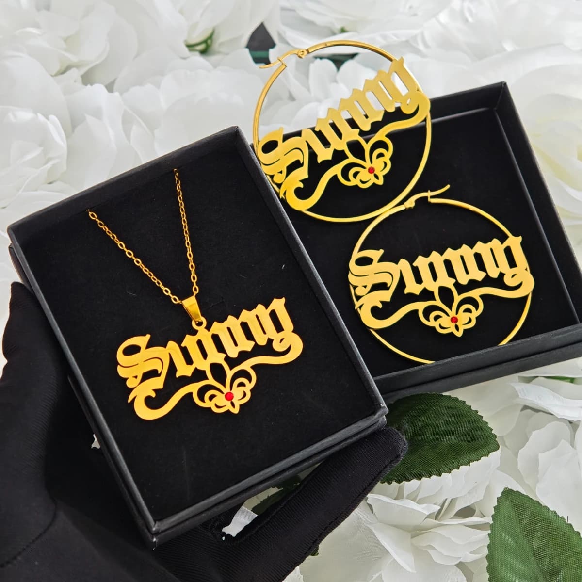 Personalized Gothic Custom Name Jewelry Set Red Crystal Hoop Earrings Necklace Stainless Steel Gold Adult Kids Holiday Birthday