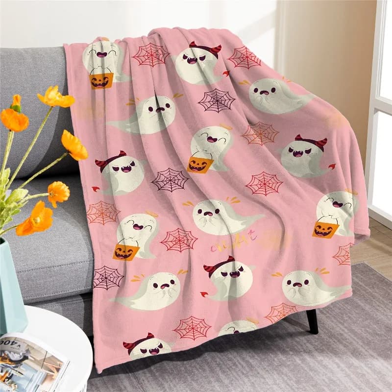 Coperta per divano morbida in flanella di velluto per camera da letto in poliestere stampato digitale con teschio di zucca di Halloween Coperte morbide per divano in pile