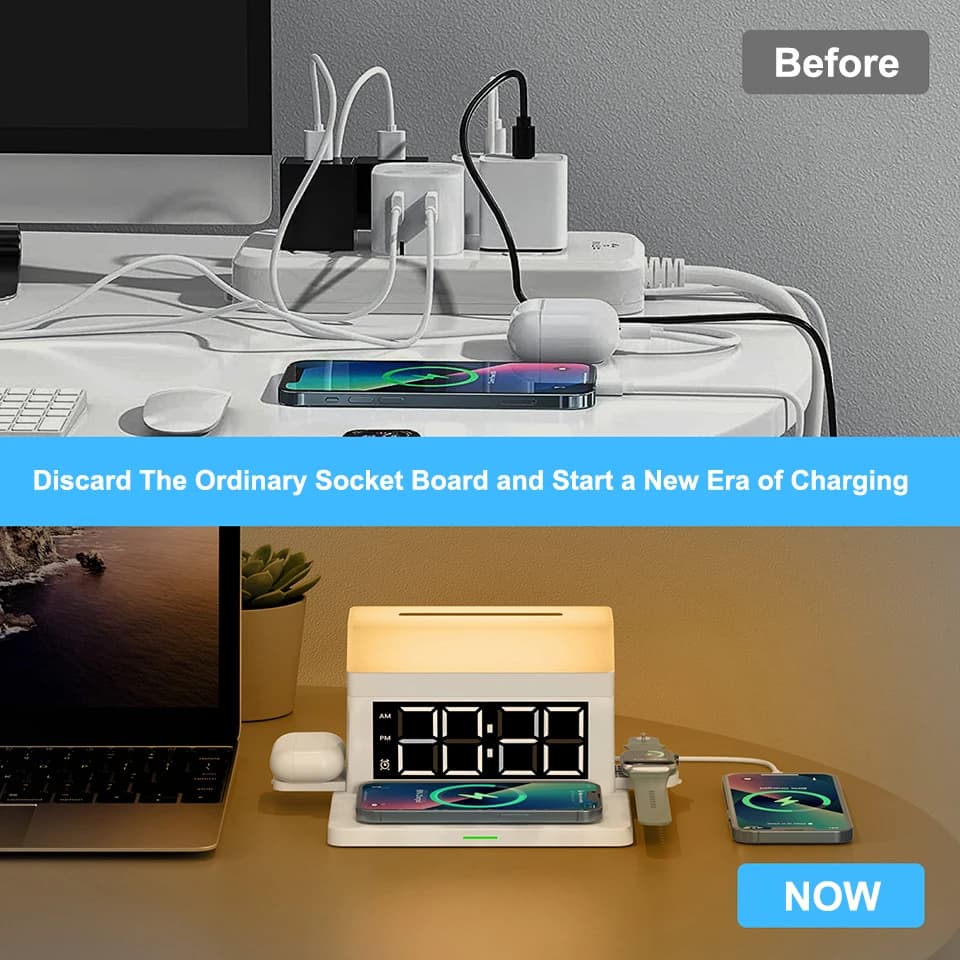 Sveglie Digitali da Scrivania con Ricarica Rapida 15W per AirPods e Apple Watch, Luce Notturna 6 in 1 per Lampada da Tavolo e Decorazione Camera da Letto