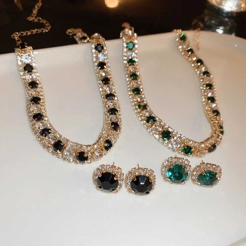 Luxury Rhinestone Necklace Earrings Set Green Crystal Black Bridal Jewelry Set Elegant Wedding Choker Necklace Women