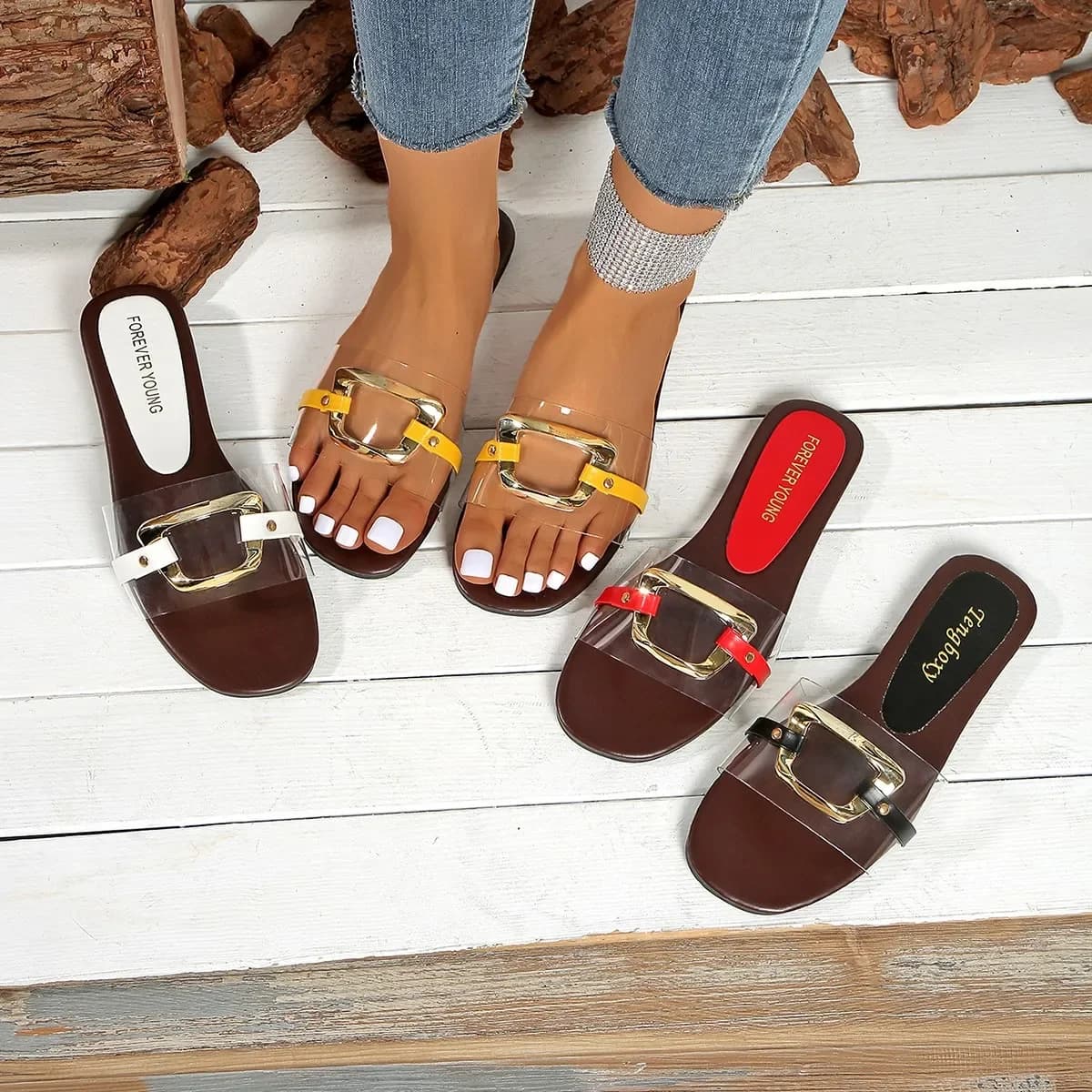 Women Large Size Fashionable Sandals and Slippers New Summer Style Flat Bottomed Metal Strappy Sandals for Women
