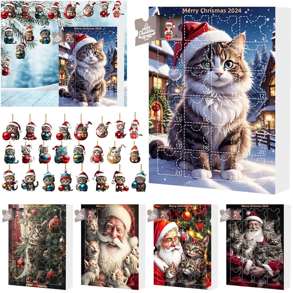 2025 Calendari dell'Avvento 2D Set di animali divertenti Gatto Ciondolo appeso Calendario per il conto alla rovescia di Natale Decorazione dell'albero di Natale Navidad