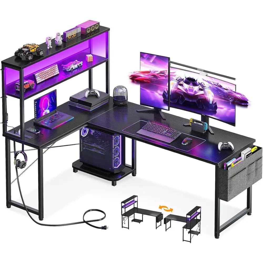 Scrivania da Gaming a L da 61 Pollici con Luce LED, Presa di Corrente, Spazio di Archiviazione e Design Reversibile in Nero