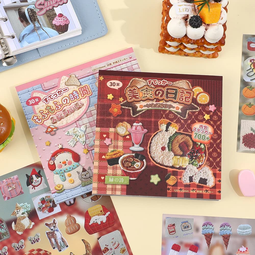 30 Fogli di Adesivi Kawaii con Motivi Alimentari e Animali, Stile Ricamato, Design in Rilievo per Scrapbooking, Journaling, Fai-da-Te, Planner