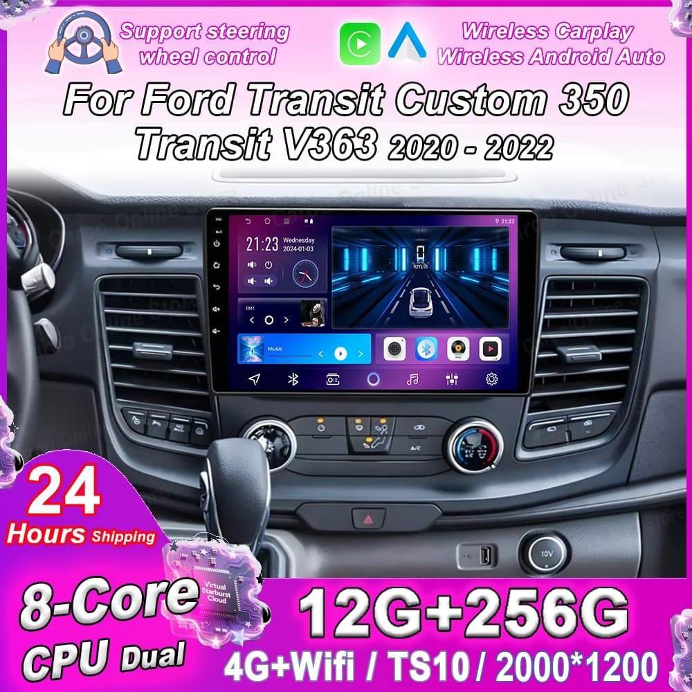 Car DVD Android 16 For Ford Transit Custom 350 Transit V363 2020 -2022 Auto Radio Stereo GPS Navigation Carplay Bluetooth WIFI