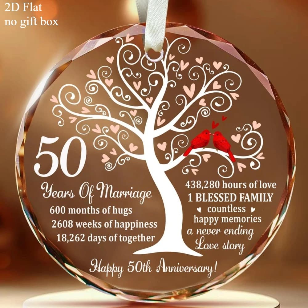 2D Plate, glass ornament for wedding of the 1 50th anniversary - Gift for wedding couples of 50 years with love tree, wedding faith and