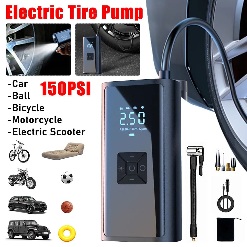 Pompa per Pneumatici 150PSI Portatile con Luce LED, Gonfiatore per Auto con Display LCD, Pompa d'Aria per Auto, Biciclette e Palloni