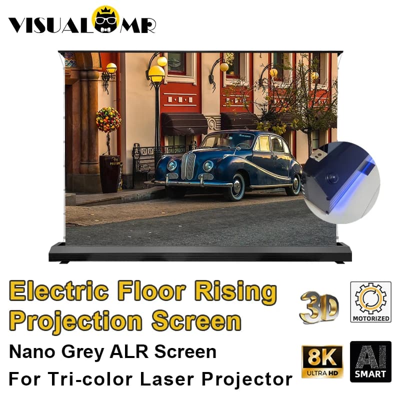 Schermo di Proiezione Elettrico da Pavimento 150 Pollici, ALR Nano Grigio, 3D 4K, Anti-Luce Ambientale per Proiettori Laser Tricolore