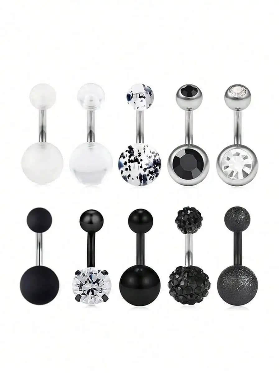 Set di 10 Anelli da Ombelico in Acciaio Inossidabile per Donne con Charm in CZ Misto, Opaco, Glitterato e con Sfere Decorate
