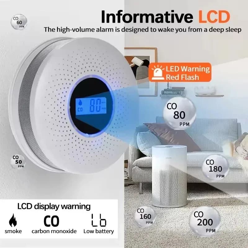 Rilevatore di Monossido di Carbonio e Fumo 2-in-1 con Allarme 85dB, Sensore Elettrochimico LCD, Allarme CO per la Sicurezza di Casa e Hotel