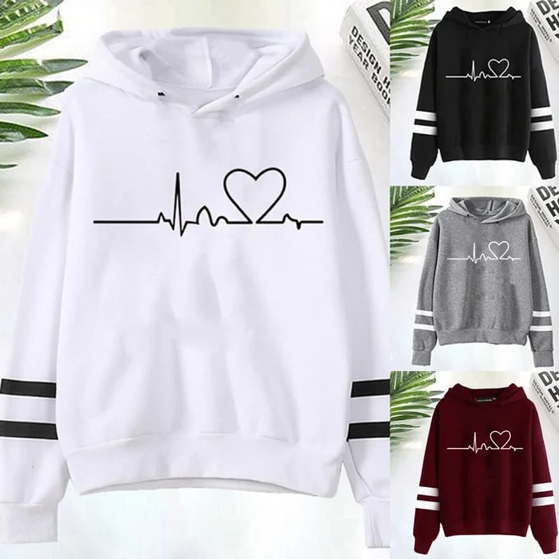 Heartbeat Line Printing Hoodies Hooded Top Women Sweatshirt Long-sleeved Autumn Casual Hooded Streetwear