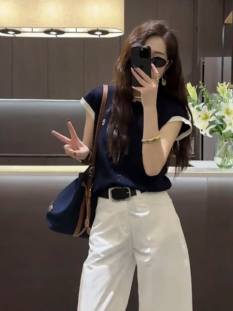 Summer Outfit Set Women's 2026 New Color Block Knitted Top Short Sleeve T-Shirt Wide Leg Casual Pants Two Piece Set Fashionable