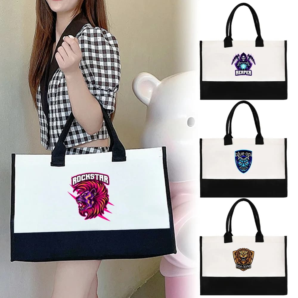 Women's Jute Bag Beach Bags Shopping Bag for Lady Reusable Large Capacity Teamlogo Printing Series Tote Bags Handbag
