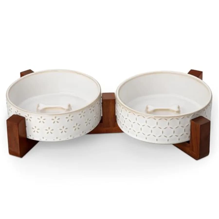 Dog Bowl Set with Walnut Wood Stand, 1.5 Cups Ceramic Pet Bowls for Puppy Dogs, Dual Food and Water Bowls with Non-Slip Base, B