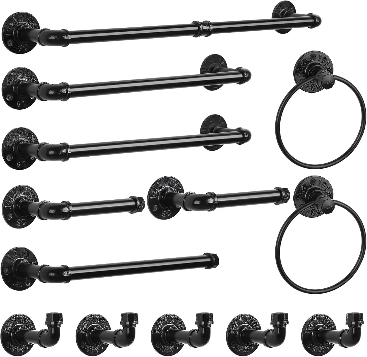 Set di accessori da bagno industriali neri da 13 pezzi: portasciugamani, porta carta igienica, anello portasciugamani, ganci appendiabiti