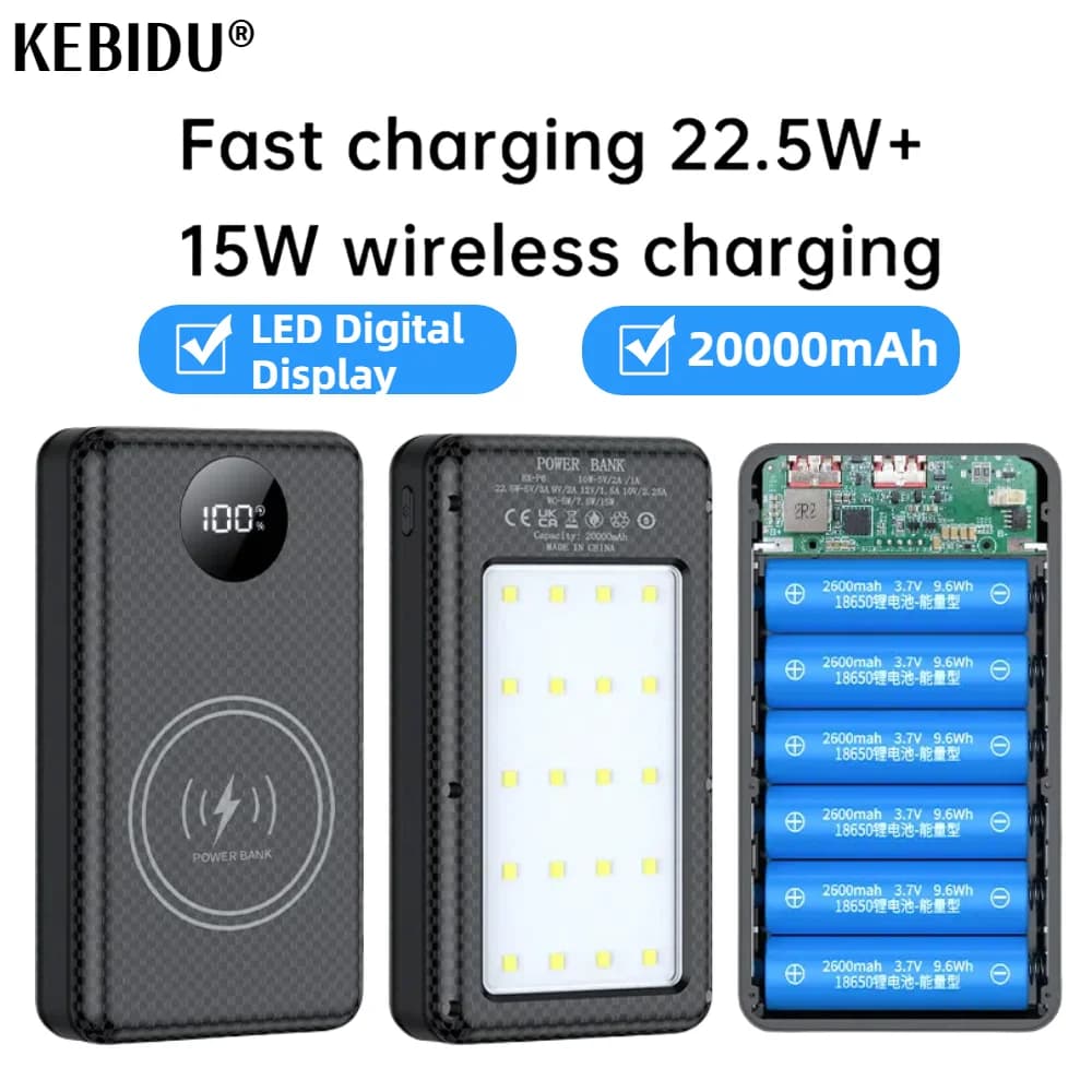 6*18650 20000mAh Custodia per banca di potere 22.5W Ricarica rapida 15W Ricarica wireless Custodia per banca di potere mobile Supporto per batteria per telefono