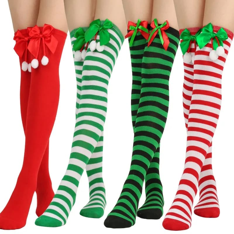 Christmas shoes with new style bow tie Long socks in cotton for women on the knee