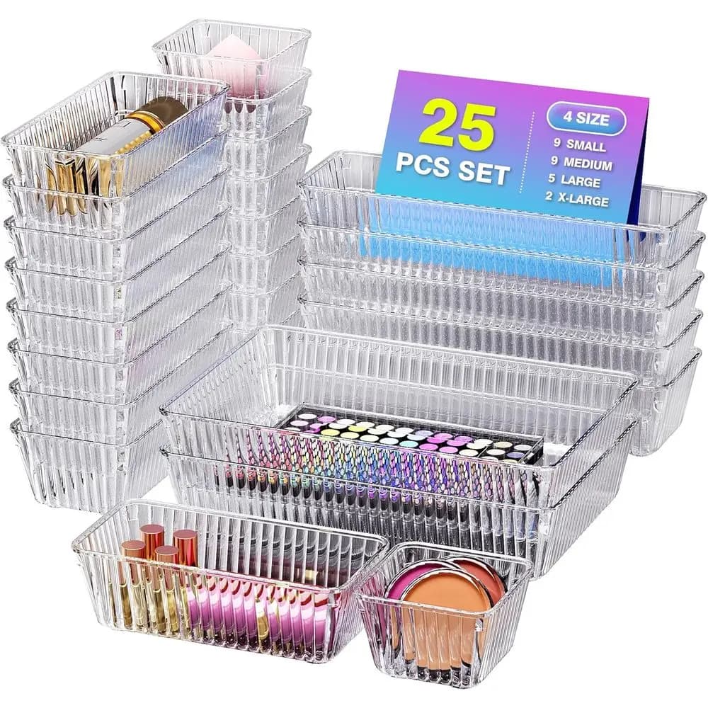 4-Size Clear Plastic Makeup & Desk Organizer Set for Bathroom, Office, Kitchen, and Bedroom Storage