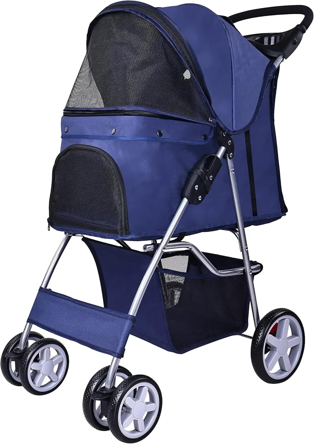 4-Wheel Pet Stroller for Small Medium Dogs Cats, Foldable Travel Carrier with Detachable Basket, Blue