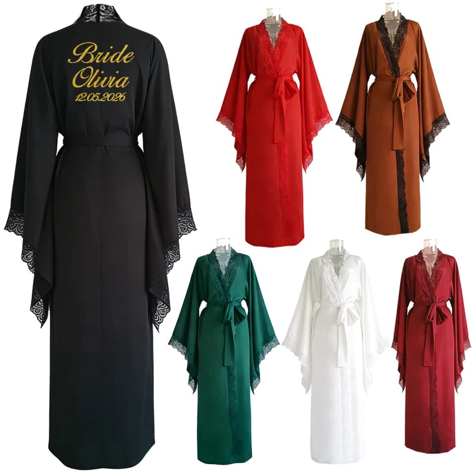Personalizzato Aggiungi qualsiasi testo Nuove vestaglie in raso Pizzo da donna Lusso a maniche lunghe Camicia da notte fresca Accappatoio Abbigliamento da casa Donna
