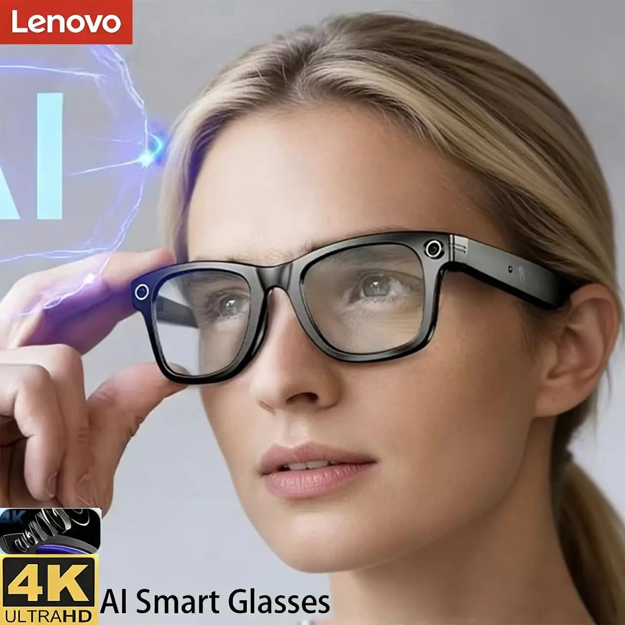 Intelligent Lenovo 4K HD AI glasses with multifunction camera and dual wireless speakers, Bluetooth call support and music player