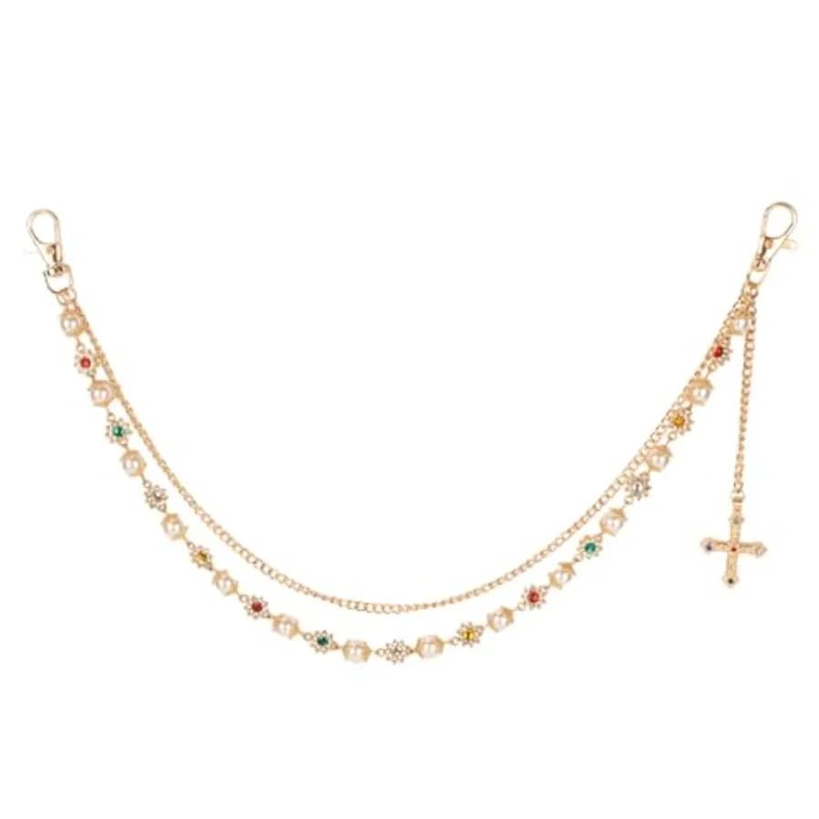 Gold Chain for Pants, Fashionable Double Layer Pants Chain Pearl Rhinestones Layered Cross Hip Hop Pocket Belt Accessory Jeans