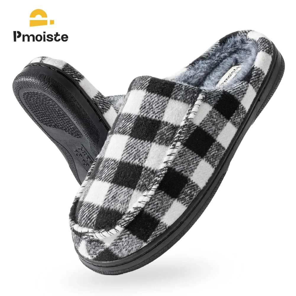 Pmoiste Scarpe da casa scozzesi in lana da uomo Comode morbide e calde con cuscino in memory foam TPR Pantofole da soggiorno Slip On invernali per interni