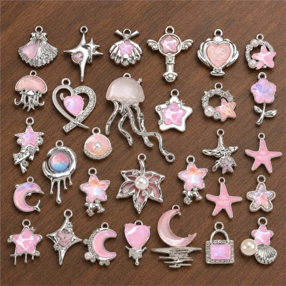10Pcs Mix Y2K Styles Crystal Glass Moon Star Heart Dangle Charms Pendants For DIY Handmade Necklace Keychain Jewelry Making