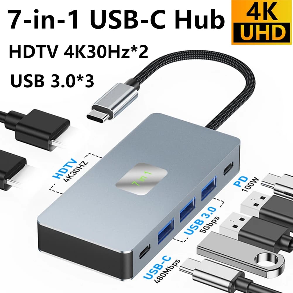 USB Hub C 7 in 1 double output HDTV 4K, 3x USB 3.0 (5 Gbps), PD charging and multi-monitor office card reader, games, editing