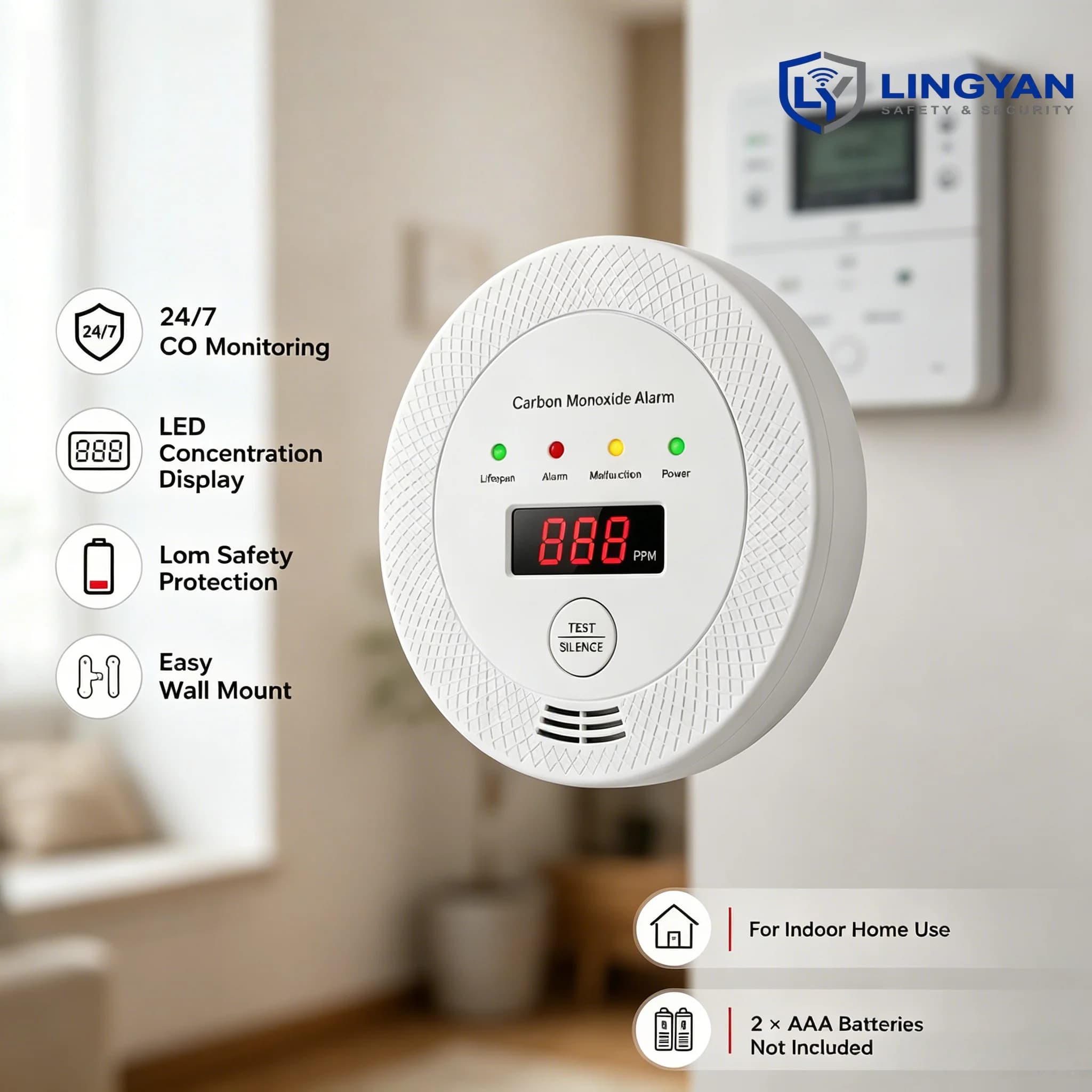 Indoor CO Sensor, carbon monoxide alarm with LED display and 85dB alert, battery-free home safety device