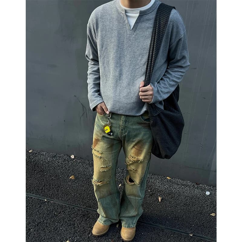 ay V-Ne Long Sve Hoodie Men's Spring Autumn American Retro Thiened Inner irt Base Layer irt Casual Loose Fit