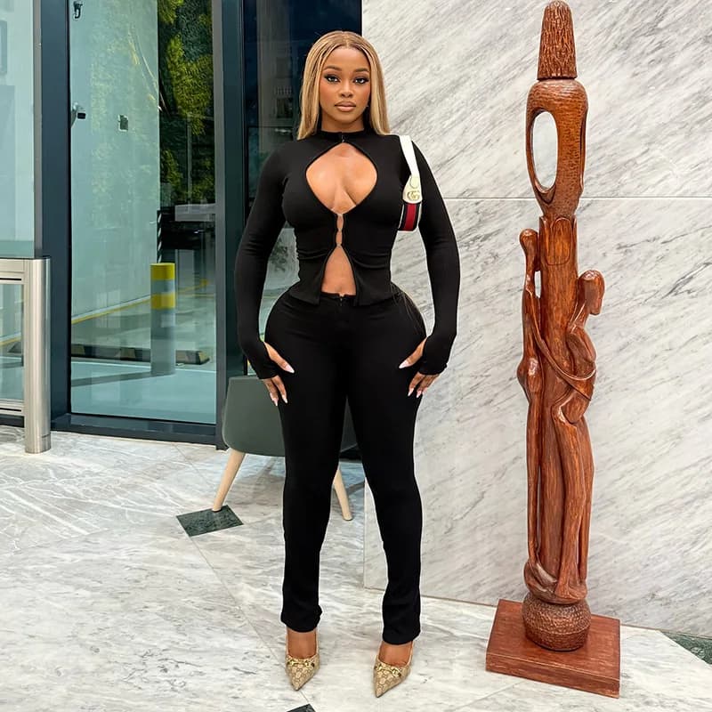 STYLISH LADY Hollow Out Sports 2 Piece Set Women Long Sleeve Top and Skinny Pant Suits 2025 Summer Sexy Club Party Solid Outfits