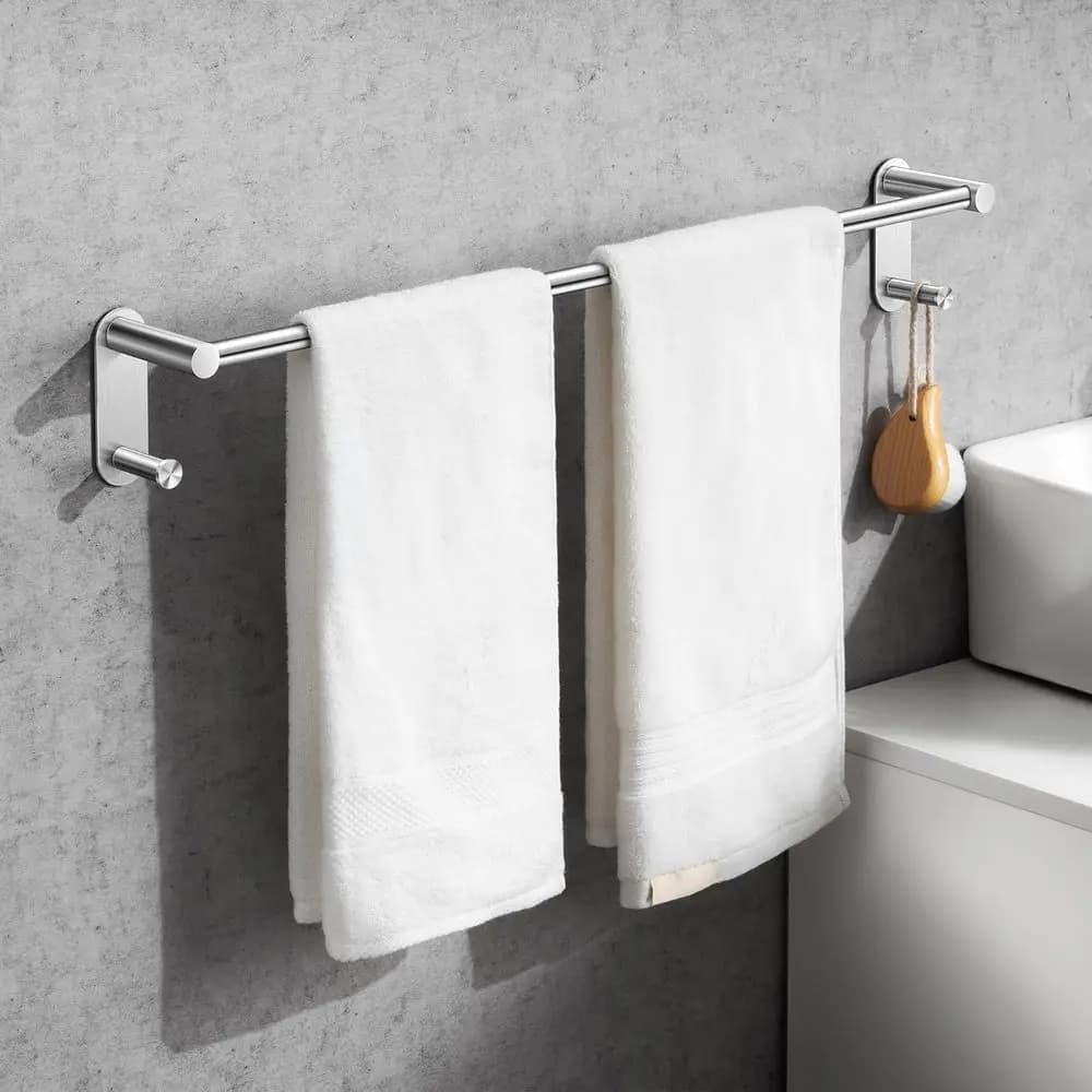 24 Inch Brushed Nickel Adhesive Towel Bar with 2 Hooks - No Drilling Required for Bathroom